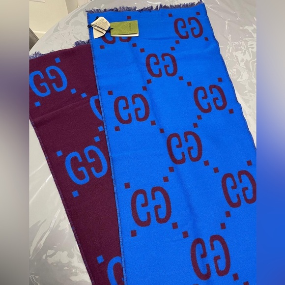 Gucci Wool Silk Monogram Jumbo GG Freedom Scarf Lacquer Blue - Picture 5 of 5